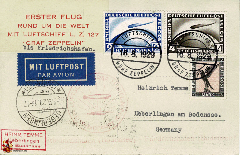 Postkarte Deutsche Luftpost - Erster Flug rund um die Welt mit Luftschiff L. Z. / LZ 127 Graf Zeppelin - 1929