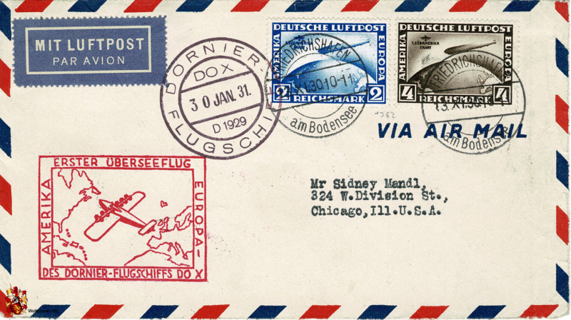 Brief Deutsche Luftpost - Erster Überseeflug Amerika-Europa des Dornier-Flugschiffs DO X - 30.01.1931