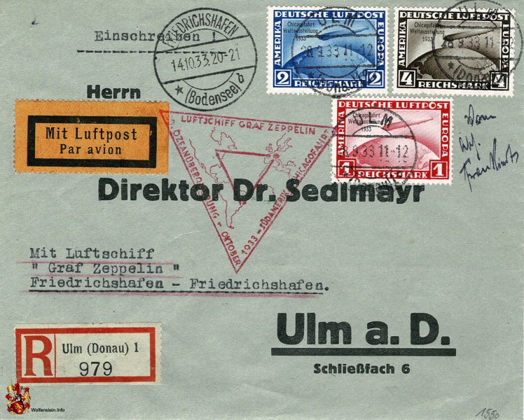 Brief Deutsche Luftpost - Luftschiff Graf Zeppelin - Ozeanüberquerung - Oktober 1933 - Südamerika-Chicagofahrt - Ulm