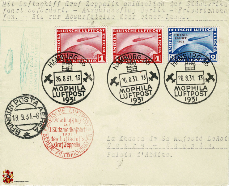 Brief Deutsche Luftpost - Hamburg Mophila Luftpost 1931 - Anschlussflug zur 1. Südamerikafahrt des Luftschiffs Graf Zeppelin - Berlin-Friedrichshafen