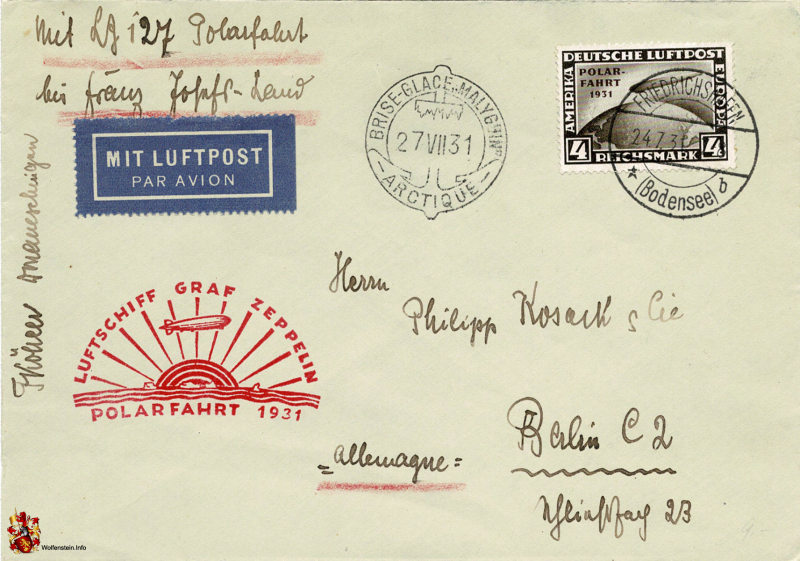 Brief Deutsche Luftpost Polarfahrt 1931 - 24.07.1931 - Album A1 (Wert 150 €)