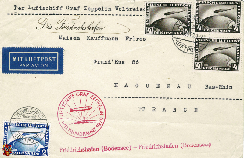 Brief Deutsche Luftpost - Luftschiff Graf Zeppelin Weltrundfahrt 1929 - 15.08.1929 Friedrichshafen (Bodensee)