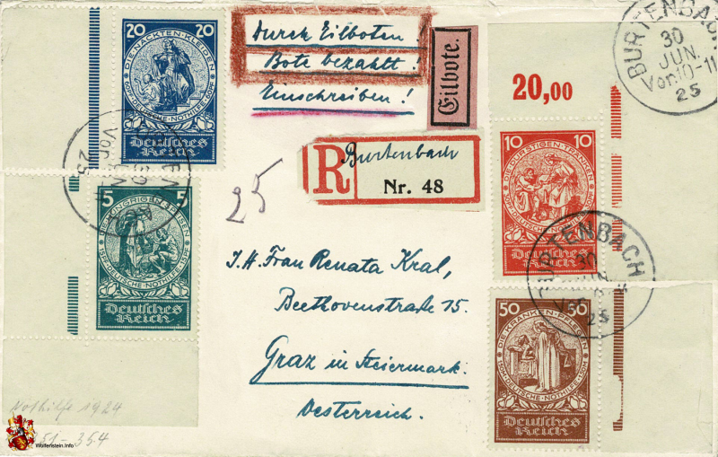Brief Deutsche Nothilfe 1924 - Eilbote - Einschreiben - Die Nackten kleiden - Die Kranken pflegen - 30.06.1924 (Wert 220 €)