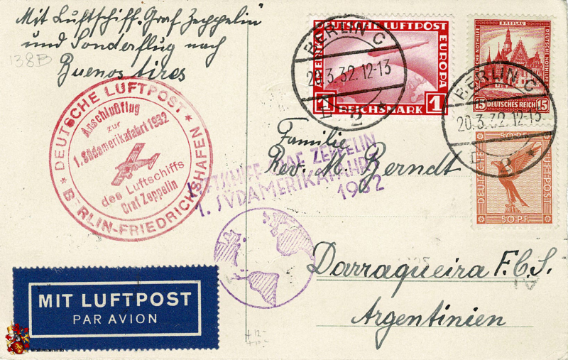 Brief Anschlussflug zur 1. Südamerikafahrt 1932 des Luftschiffs Graf Zeppelin - 20.03.1932 - Album A1 (Wert X)