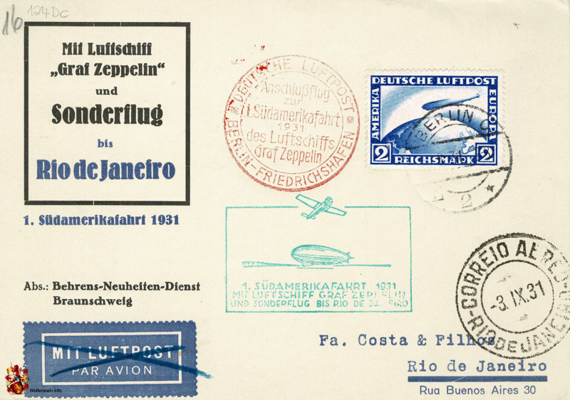 Brief mit Luftschiff Graf Zeppelin Sonderflug bis Rio de Janeiro 1. Südamerikafahrt 1931 - 03.09.1931 - Album A1 (Wert X)