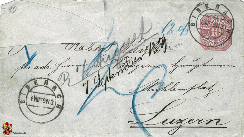 Brief Württembergische Post - Biberach-Luzern 1879 - 07.09.1879