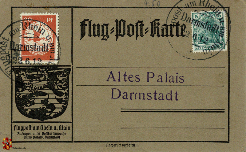 Flug-Post-Karte - Flugpost am Rhein und Main - Altes Palais Darmstadt - 22.06.1912