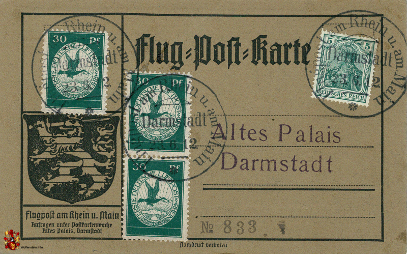 Flug-Post-Karte - Flugpost am Rhein und Main - Altes Palais Darmstadt - 23.06.1912