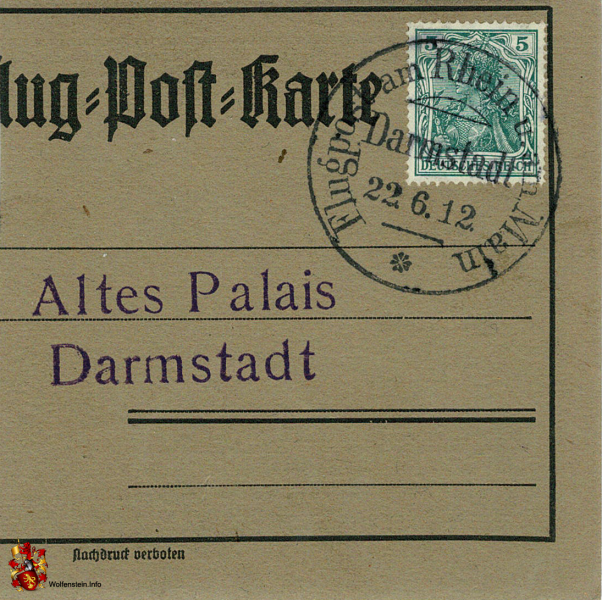 Halbe Flug-Post-Karte - Flugpost am Rhein und Main - Altes Palais Darmstadt - 22.06.1912