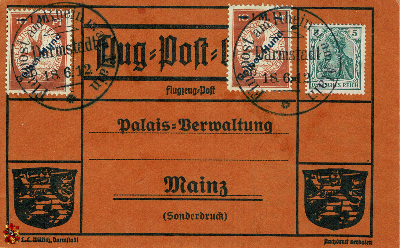 Flug-Post-Karte - Flugzeug-Post - Palais-Verwaltung - Mainz (Sonderdruck) / Darmstadt - 18.06.1912