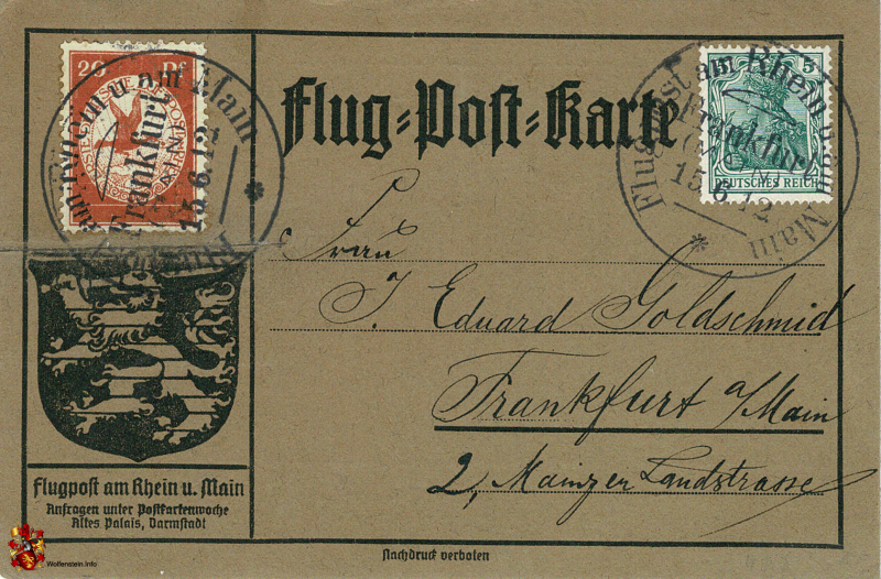 Flug-Post-Karte - Flugpost am Rhein und Main - Altes Palais, Darmstadt - Album A1 - 15.06.1912