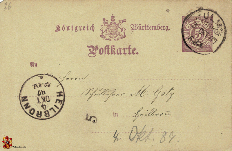 Postkarte Königreich Württemberg - Ulm-Heilbronn - 03.10.1887 - 04.10.1887